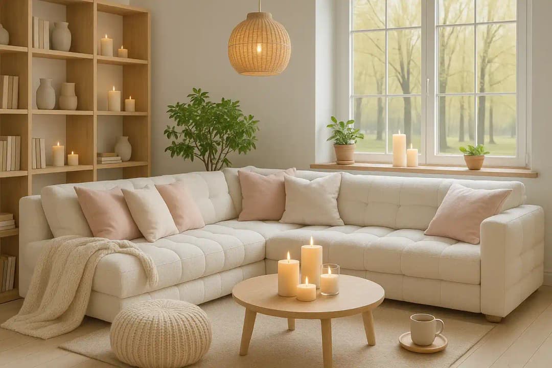 Canapé beige dans un salon cosy et lumineux