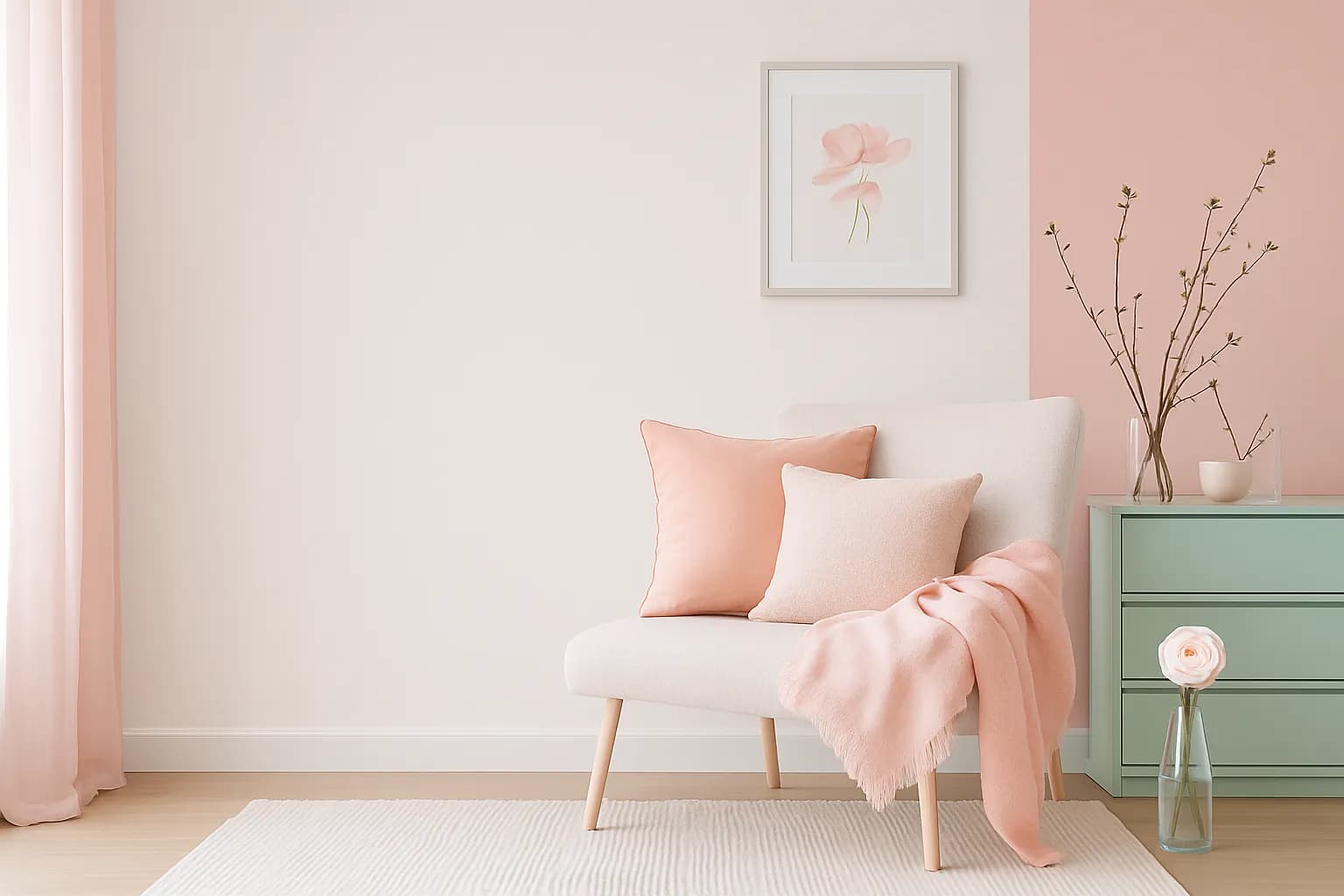 Fauteuil rose poudré avec coussins décoratifs dans un salon clair