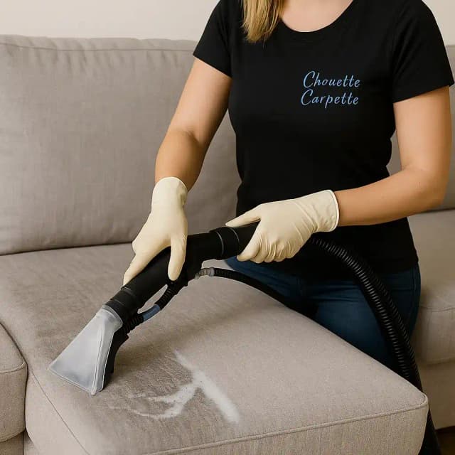 Professionnel Chouette Carpette effectuant le nettoyage d'un canapé